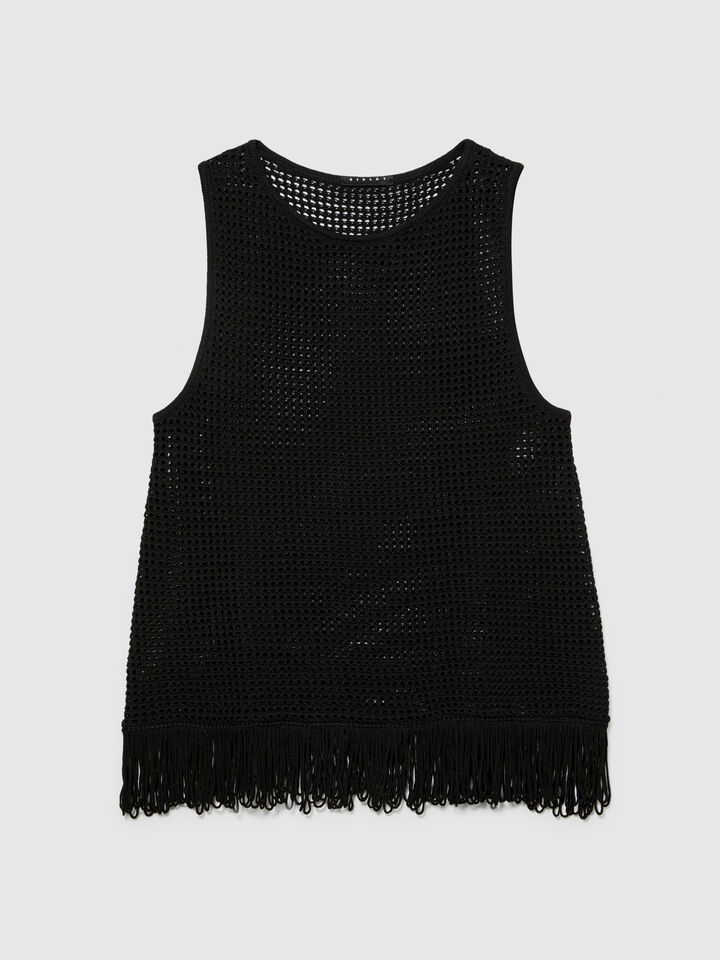 Perforated tank top with fringe - women's tops - Black | Sisley image number 6
